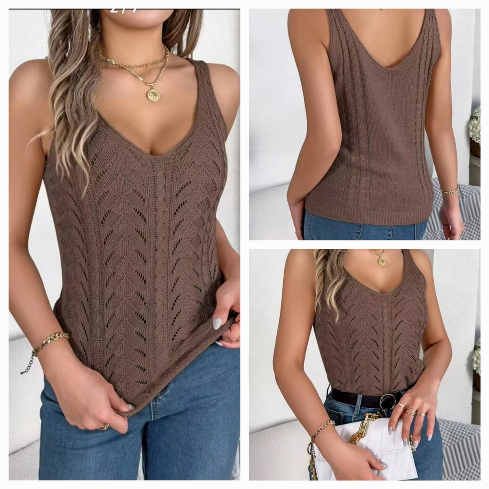 Women Knit Tank Top Brown V-Neck Pointelle Cable S Cottage Boho Chic Fall Casual